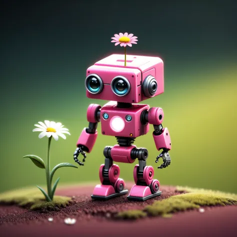 little pink robot with a flower, isometric, tilt shift, miniature, shrunken