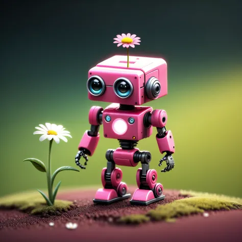 Pequeño robot rosa con una flor., isométrico, cambio de inclinación, miniatura, encogido