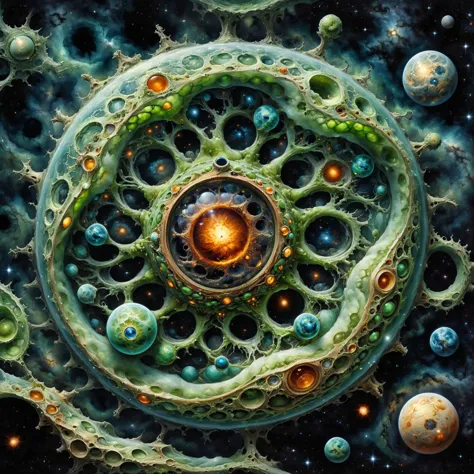 An digital illustration of (microcosmos) microscope magnification of (algae) Eukaryotic (cell:1.5) witi visible Nucleus,Mitochondria, Cell membrane, drawing masterpiece with intricate details and the best quality art by, (Dorian Cleavenger:1.2) and (luis royo) of primordial soup, outer space, jovian gas giant, nebula with visible milky way during warp storm in a black hole event horizon <lora:add-detail-xl:0.5> <lora:xl_more_art-full_v1:0.8>   <lora:LaxpeintXL-2.0:0.8> digital painting