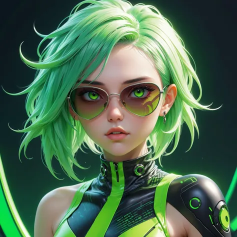 a woman with green hair and sunglasses,neon green bodysuit,upper body close up,looking straight at viewer,cgsociety cyberpunk,tr...