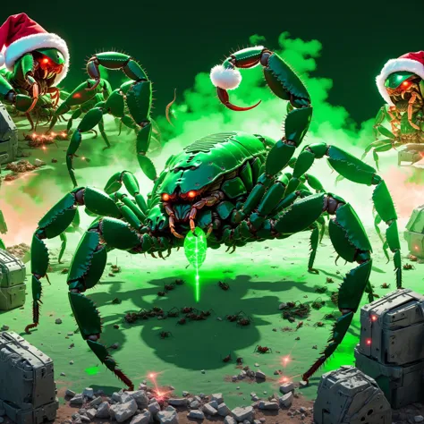 there are many green crabs with santa hats on them