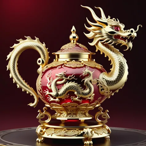 Gothic style a gold teapot, chinese dragon wrapped around, chinese aesthetic, macro focus, on a pedestal, glistening ruby filagr...