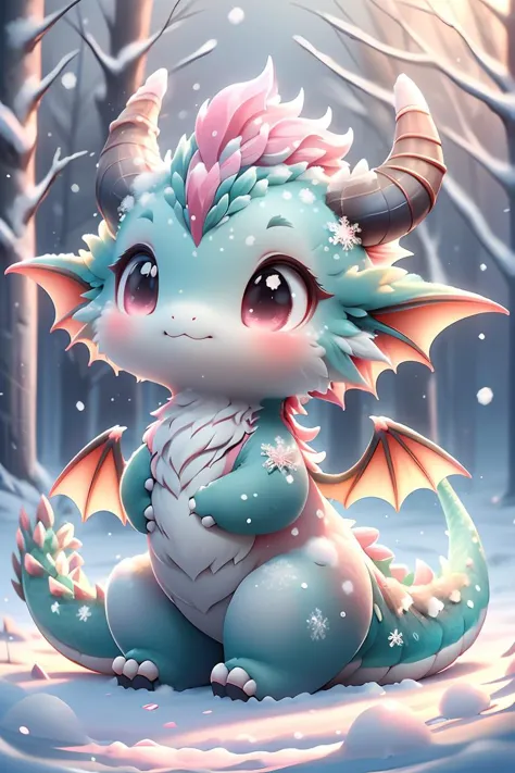 a cute little dragon sitting in the snow with a pink horn