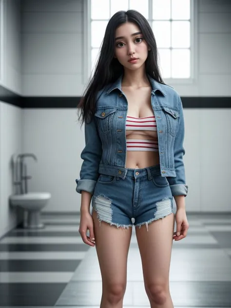 a woman in a denim jacket and shorts standing in a bathroom