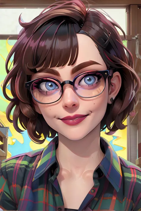 <lora:bzl_06:0.8> bzl_test, <lora:acidcore:0.4>, acid, trippy, woman wearing glasses and flannel shirt, brown curly bob haircut, (blue|grey|green) eyes, closed smile || masterpiece, perfect quality, sharp focus, shallow depth of field, 8k