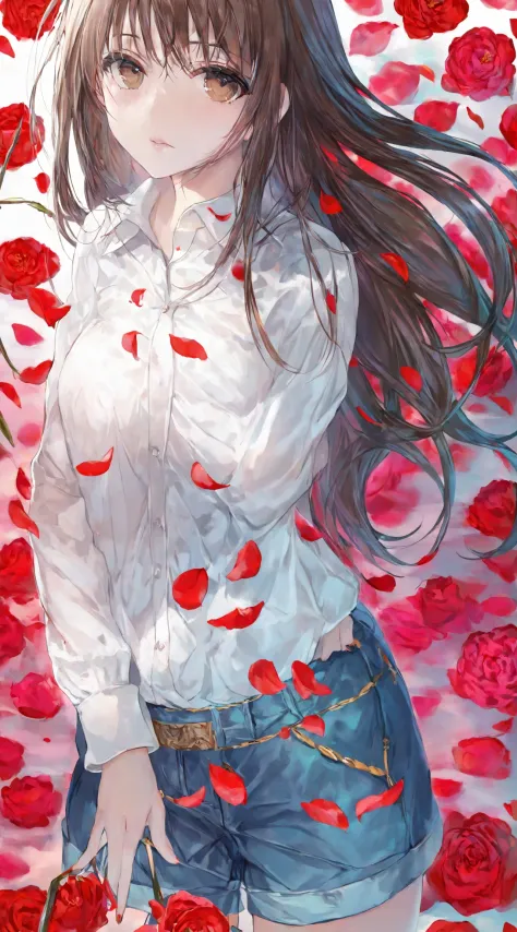highres,detailed,best quality,masterpiece,illustration,wallpaper,1girl,ib \(ib\),parted lips,solo,white shirt,shorts,hair between eyes,long hair,looking at viewer,bouquet,brown eyes,brown hair,fingernails,nail polish,red nails,petals,red rose,rose,rose pri...
