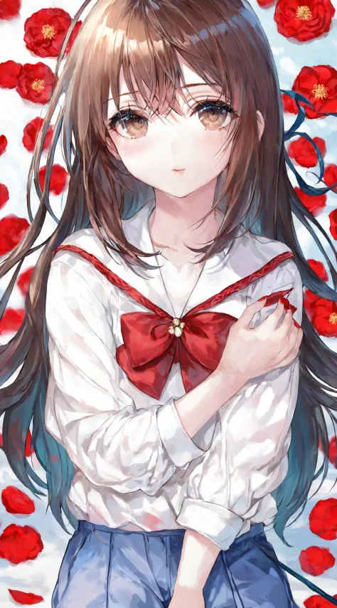highres,detailed,best quality,masterpiece,illustration,wallpaper,1girl,ib \(ib\),parted lips,solo,white shirt,shorts,hair between eyes,long hair,looking at viewer,bouquet,brown eyes,brown hair,fingernails,nail polish,red nails,petals,red rose,rose,rose pri...