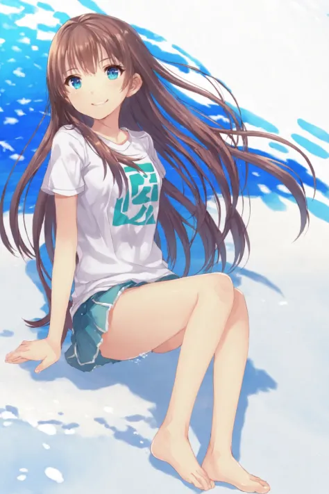 highres,detailed,best quality,honma meiko,1girl,full body,solo,long hair,aqua eyes,smile,looking at viewer,clothes writing,short sleeves,t-shirt,bare legs,barefoot,sitting,simple background,white background,
