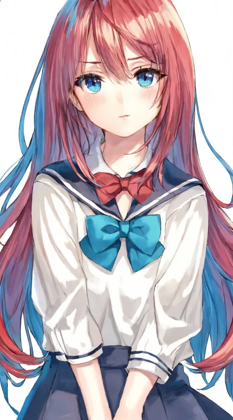 highres,detailed,best quality,1girl,solo,eyebrows visible through hair,bright pupils,hair between eyes,long hair,multicolored hair,serafuku,bowtie,blue sailor collar,blue skirt,red bow,long sleeves,looking at viewer,parted lips,red bowtie,sailor collar,sim...