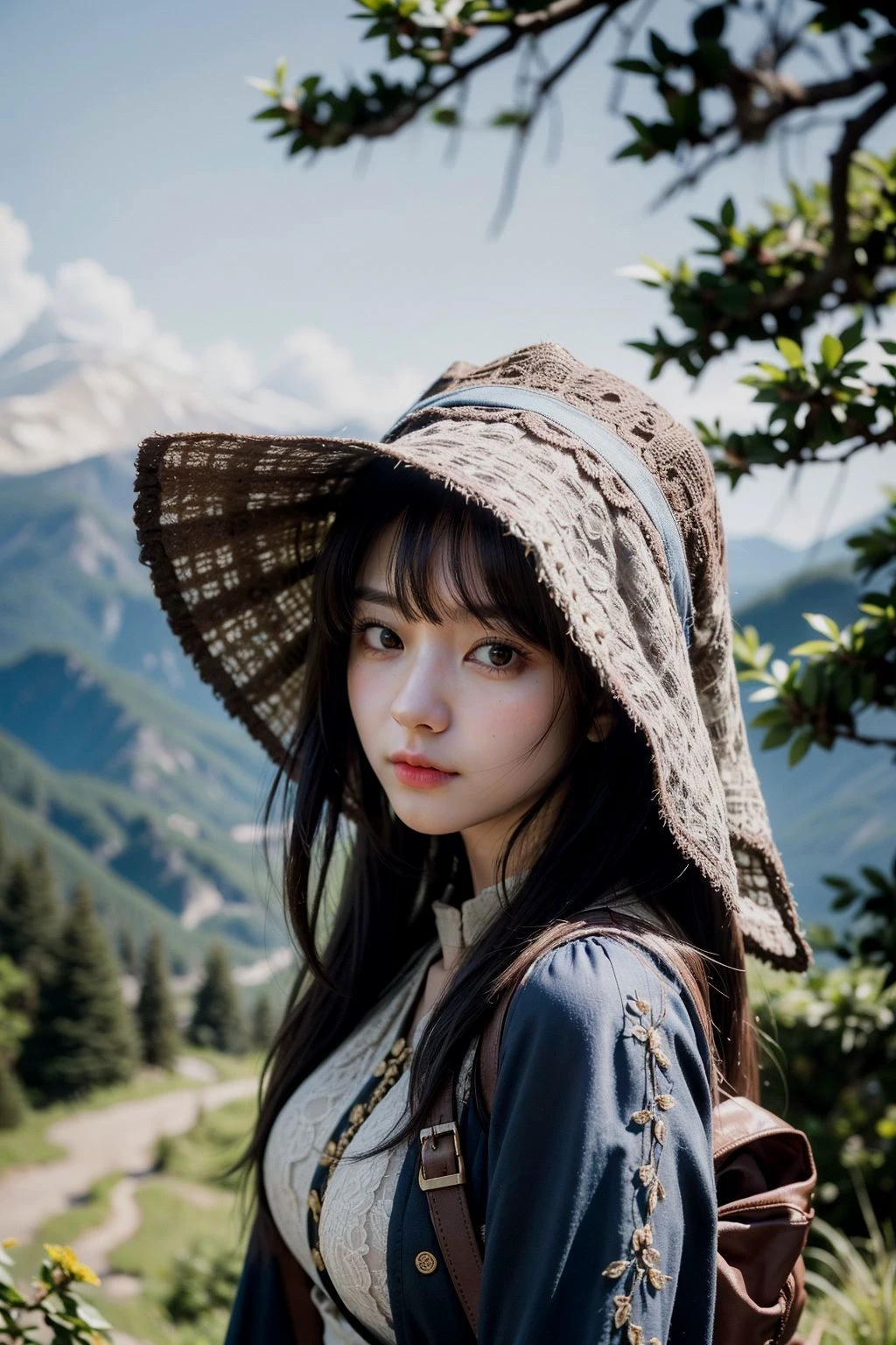 (realistic:1.3) , finely detailed, quality, (masterpiece:1.2) , (photorealistic:1.2) , (best quality) , (detailed skin:1.3) , (intricate details) , ray tracing, dramatic, cute girl, As the intrepid traveler navigated the winding mountain trails, she marveled at the breathtaking views of the valleys below.