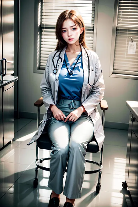 <lora:Doctor Uniform V2:0.78>, (doctor_uniform, labcoat, stethoscope, doctor,scrub top,scrub trousers):1.24,
BREAK 1woman, ((young woman)), adorable, clear face, solo, (((full body))):1.34, ((curvy body, slender, multicolor blonde hairs)):1.2,
BREAK soft light, light on face, cinematic lighting, detailed(shadow),
BREAK <lora:add_detail:0.45>, extremely detailed, CG, finely detailed, (masterpiece, best quality):2.0, ((photorealistic:1.15)),
BREAK <lora:uber_saggy2:0.68>, saggy, sagging_breasts, ((gigantic breasts)), <lora:Front face lighting åé¢ã©ã¤ãã¢ãã v2:0.5>,
((detailed patient examination room, hospital, indoors, medical equipment, a woman sit on a chair)):1.1,