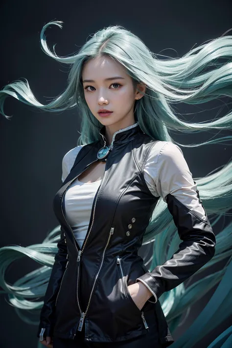 A realistic portrait photo of an East Asian woman with very long, flowing (silver hair with light blue tips:0.2). She is wearing a sleek, futuristic, form-fitting outfit with a cyberpunk aesthetic. She is standing confidently, facing forward (with her hair floating upwards as if defying gravity, like flames rising in the wind:1.45). The hairstyle includes different bangs such as side-swept, blunt, and curtain bangs for variation. The background is a modern studio with a cool blue tone. The overall image should convey a sense of modernity, fashion, and sophistication. <lora:koreanDollLikeness_v15:0.2> <lora:TaiwanDoll:0.15>, (8k, RAW photo, best quality, masterpiece:1.2), (realistic, photo-realistic:1.4), ultra-detailed, Highly detailed, perfect detail, official art, extremely detailed CG unity 8k wallpaper,