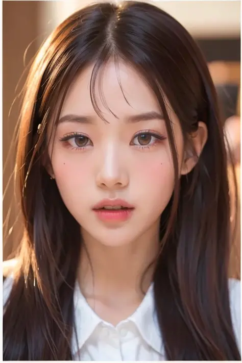 best quality, ultra high res, (photorealistic:1.4), 1 girl, looking at viewer, lustrous skin, glowing eyes, oval face, messy_hair, blunt bangs, ombre, blush, makeup, untied, unkempt, Pursed_lips, lips, ulzzang-6500-v2.2