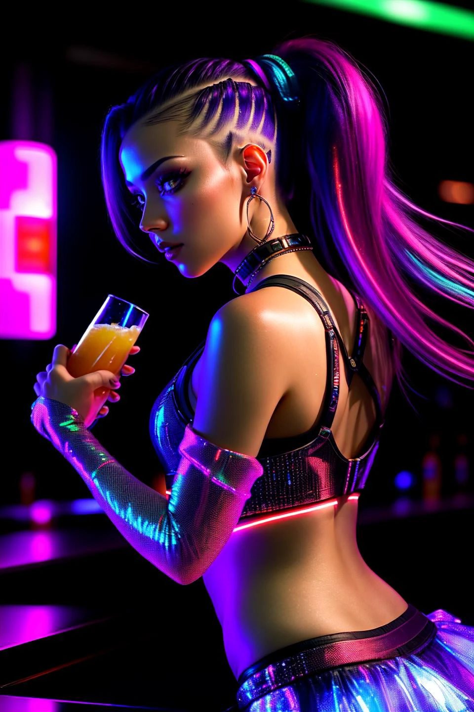 Une photo d&#39;une femme cyberpunk debout au bar d&#39;une discothèque futuriste, tenant une boisson lumineuse à la main. Ses cheveux sont lissés en une queue de cheval élégante et futuriste, aux accents lumineux. Elle porte un ensemble cyberpunk ajusté qui capte les lumières vibrantes du club.. L&#39;environnement du club présente des écrans holographiques, cascades de lumière en cascade, et une piste de danse palpitante. La caméra se concentre sur le haut de son corps, capturant sa présence détendue et séduisante au milieu de l&#39;ambiance dynamique du club.
 