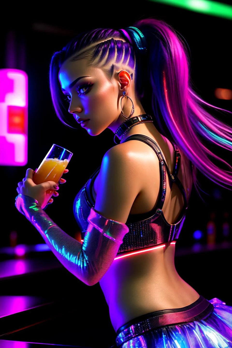 Uma foto de uma mulher cyberpunk parada no bar de uma boate futurista, segurando uma bebida brilhante na mão. Seu cabelo está penteado para trás em um rabo de cavalo elegante e futurista, com detalhes brilhantes. Ela usa um conjunto cyberpunk justo que capta as luzes vibrantes do clube. O ambiente do clube apresenta displays holográficos, cascatas de luz, e uma pista de dança pulsante. A câmera foca na parte superior do corpo dela, capturando sua presença descontraída e sedutora em meio ao ambiente dinâmico do clube.
 