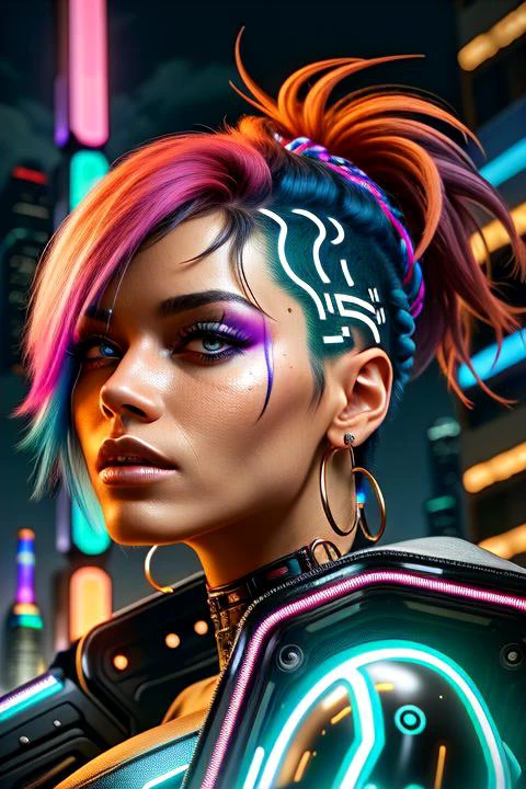 A photo of a fierce cyberpunk female, with vibrant neon-colored hair styled in an intricate futuristic fashion.  The backdrop is a sprawling cyberpunk cityscape, filled with towering skyscrapers and holographic advertisements. The streets below are bustling with futuristic vehicles and neon lights, creating a vibrant and dynamic atmosphere. The camera is positioned at a low angle, capturing her empowered and confident stance.
 