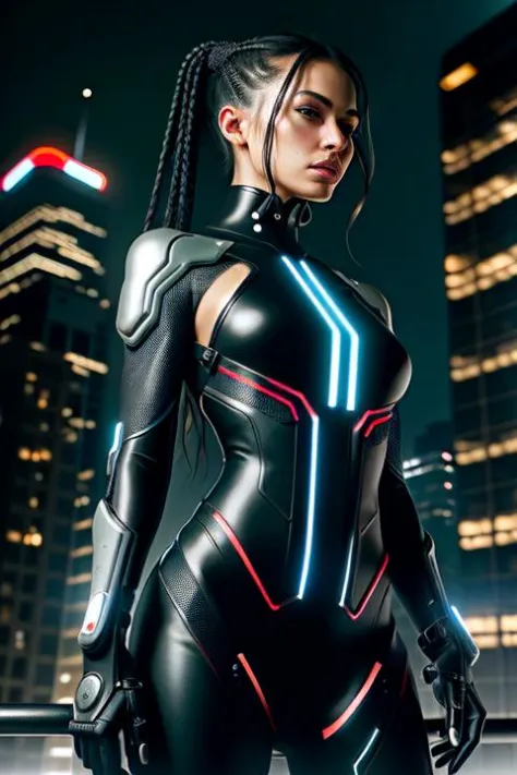 A photo of a cyberpunk assassin female, clad in a sleek black bodysuit with integrated stealth technology. Her cybernetic eyes glow with a cold, calculating intensity. The environment is a futuristic, high-tech city rooftop at night, with illuminated skysc...