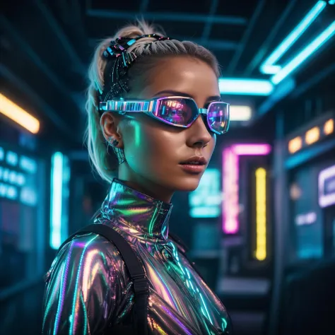 A close up photo of a female with sleek silver hair in a high ponytail, accented with glowing neon ribbons. She wears a futuristic jumpsuit with a holographic pixel art print, paired with high-tech goggles and fingerless gloves. Striking a confident pose i...