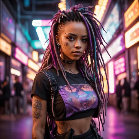 A photo of a female with vibrant purple dreadlocks, dressed in a futuristic t-shirt and ripped jeans. The dynamic lights and ene...