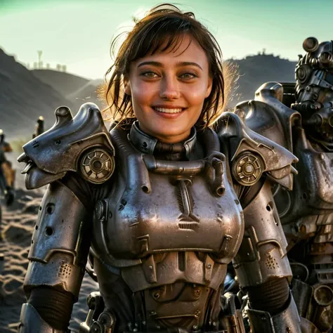 cinematic film still {close-up photo} of {ella purnell smiling} wearing the torso of {T-51 fallout power armor without top} in the wasteland, epic cinematic lighting, <lora:Fallout1024:0.7> ,<lora:ella_purnell_xl_stoken_240520_bs8:0.7>  . shallow depth of field, vignette, highly detailed, high budget, bokeh, cinemascope, moody, epic, gorgeous, film grain, grainy