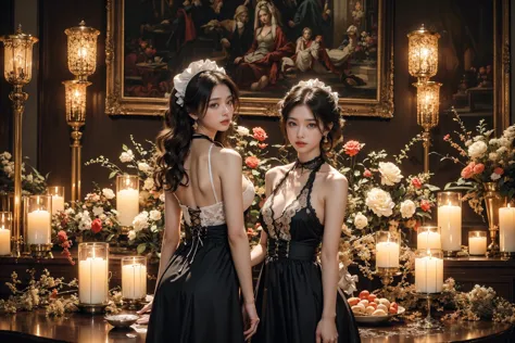 two women in black dresses standing in front of a table with candles