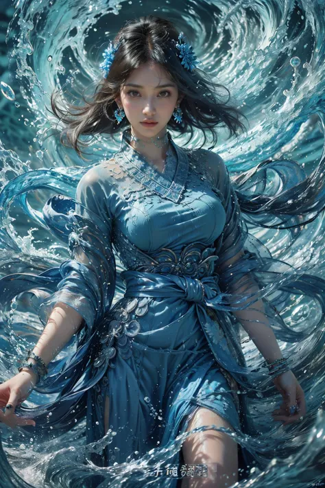 1girl, solo, water, dress, jewelry, blue dress, looking at viewer, splashing, black hair, sash, chinese clothes, earrings, blue eyes, long hair, hair ornament, bracelet, waves
Best quality,masterpiece,ultra high res,<lora:GoodHands-beta2:1>,<lora:MIAOKA_younideshijie_1.0:0.5>,<lora:æµ·é£ä¸v4.1:0.65>,