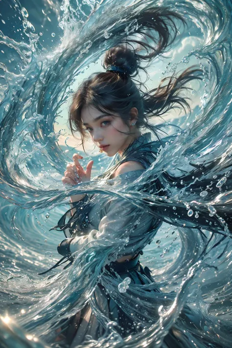 1girl, water, solo, black hair, hair bun, looking at viewer, single hair bun, chinese clothes, jewelry, parted lips, splashing, long hair, waves, brown eyes, weapon, upper body, armor, earrings, dress,
Best quality,masterpiece,ultra high res,<lora:GoodHands-beta2:1>,<lora:MIAOKA_younideshijie_1.0:0.5>,<lora:æµ·é£ä¸v4.1:0.65>,