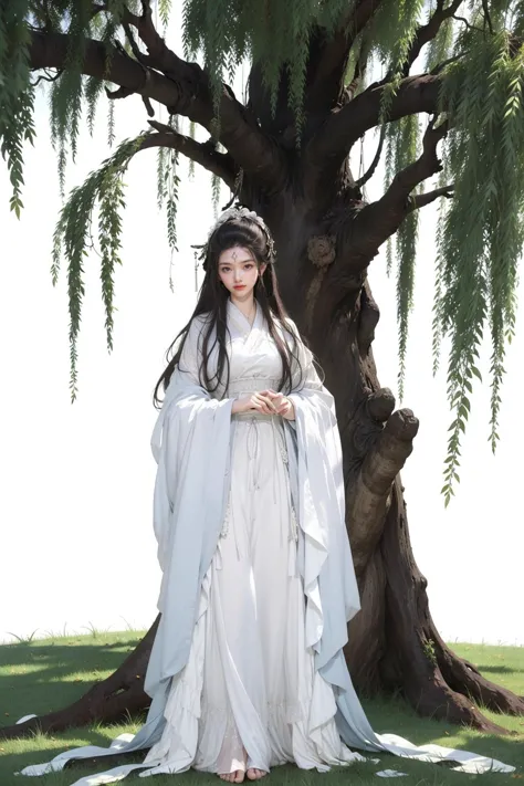 a woman in a white dress standing next to a tree