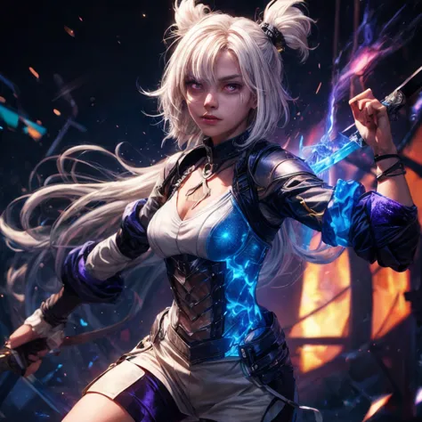 colorful, 1girl, white hair, purple eyes, dual wielding, sword, holding sword, blue flames, glow, glowing weapon, light particles, wallpaper, chromatic aberration,
 <lora:add_detail:1>