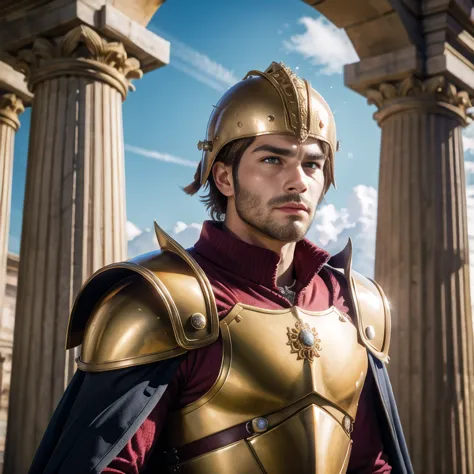 a close up of a man in a helmet and armor