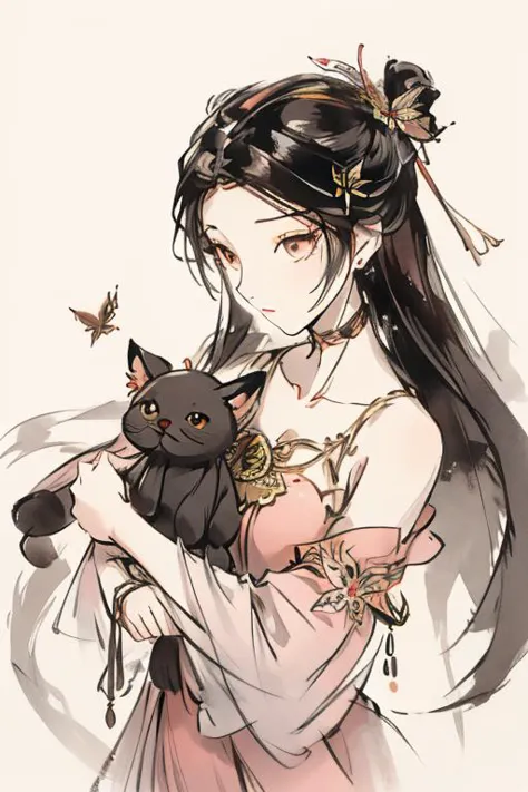 a woman in a dress holding a cat and a bird