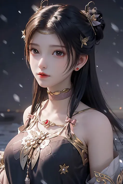 <lora:TianLinger:0.8>,tianlinger,1girl,solo,jewelry,black hair,long hair,hair ornament,brown eyes,earrings,Gold ornament,necklace,simple background,realistic,choker,lips,bare shoulders,bow,upper body,round face,look up,the breeze stirred the hair,heavy snow,(snowing:1.4),cowboy_shot,portrait,(black background:1.1),night,, best quality , masterpiece, illustration, an extremely delicate and beautiful, extremely detailed ,CG,unity,8k wallpaper, Amazing, finely detail, masterpiece, best quality,official art,extremely detailed CG unity 8k wallpaper,absurdres, incredibly absurdres, huge filesize , ultra-detailed, highres, extremely detailed,beautiful detailed girl, extremely detailed eyes and face, beautiful detailed eyes,light on face,