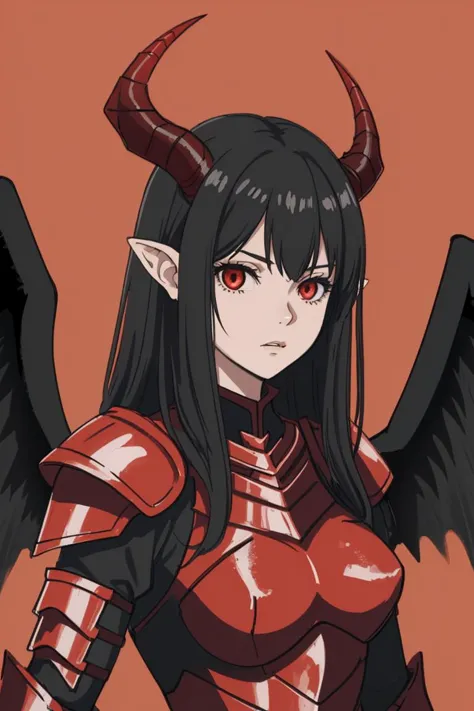 woman, black wings, horns, red armour,