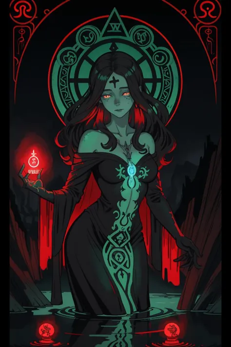 (limited palette: red green black),silhouette,woman, runes, glowing symbols, magic spell, medium breasts, oil painting \(medium\...