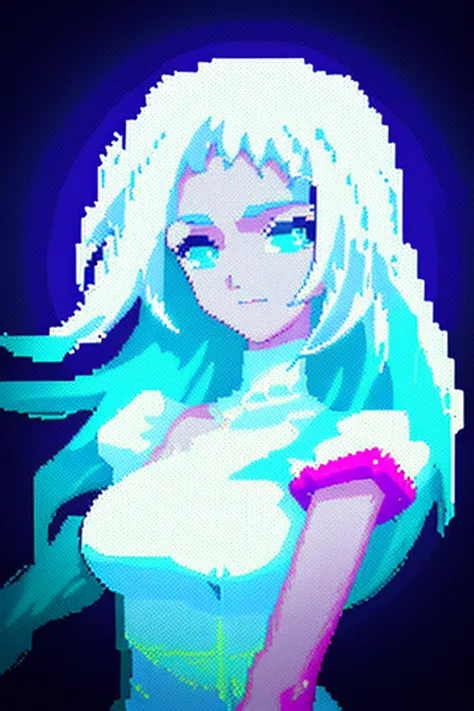 mujer, vestido blanco, Brillo en el cabello oscuro, El estilo es pixel art con colores brillantes y efectos de difuminado.