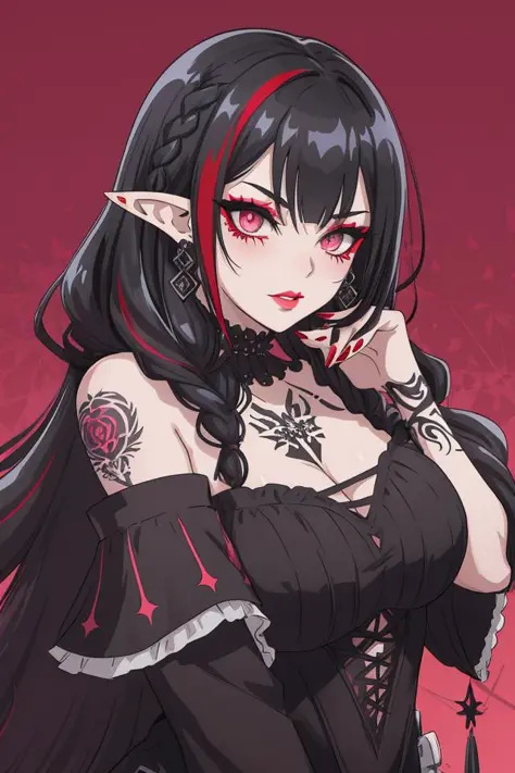 a [goth |barbarous |mysterious] [mature |young] gothic female with [curvy |thick |tone |curvy |thick |muscle] figure wearing [goth clothes | western clothes |intricate clothes |corset |loose sleeves] mix [dress |frill dress |indicate dress |belt |frill |cotton dress |short dress] and [lustful eye |creepy eyes |beautiful eye] red iris mix [lush lips | perky lips] and with white and black hair mix with light blue streaked hair, long hair [ hair over eye |braid | wavy hair] mix [messy hair |curly hair |messy hair] and [pointy ear |elf ears |long ears] and [star print |flower print] on clothes and wearing [make up |scaly | jewelry] , intricate tattoos, ((asymmetrical pose)), make up, blush, chromatic aberration, illustration,