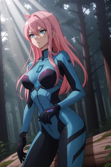 A semitransparent zerosui, Velvet bra, zerosuit, contrast, god rays, Blue eyes, pink hair, woods background, absolute intensity,