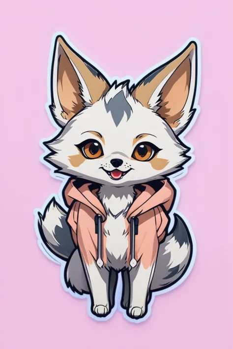 a cartoon fox with a pink jacket on sitting down