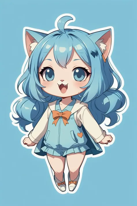 a cartoon cat girl with blue hair and a bow tie