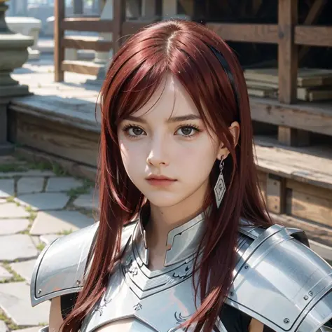 (masterpiece, top quality, best quality), 8k, perfect-lighting, symmetrical face, solo, Erza Scarlet, <lora:erzaScarletFairyTail_10:1>, devastating look, red hair, big breasts, knight armor, cowboy shot