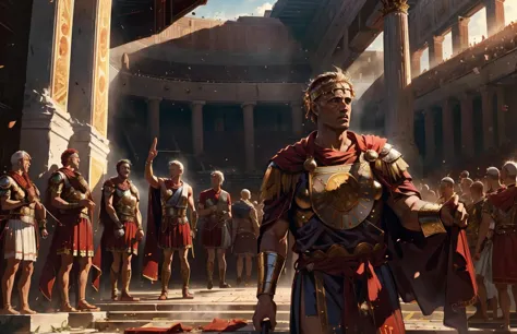 (one man speaking: 1.2) (the roman senate) (group of romans men in toga discussing) (public speaking) (low key) ultra realistic 8k cg, clean, masterpiece, professional artwork, famous artwork, cinematic lighting 
