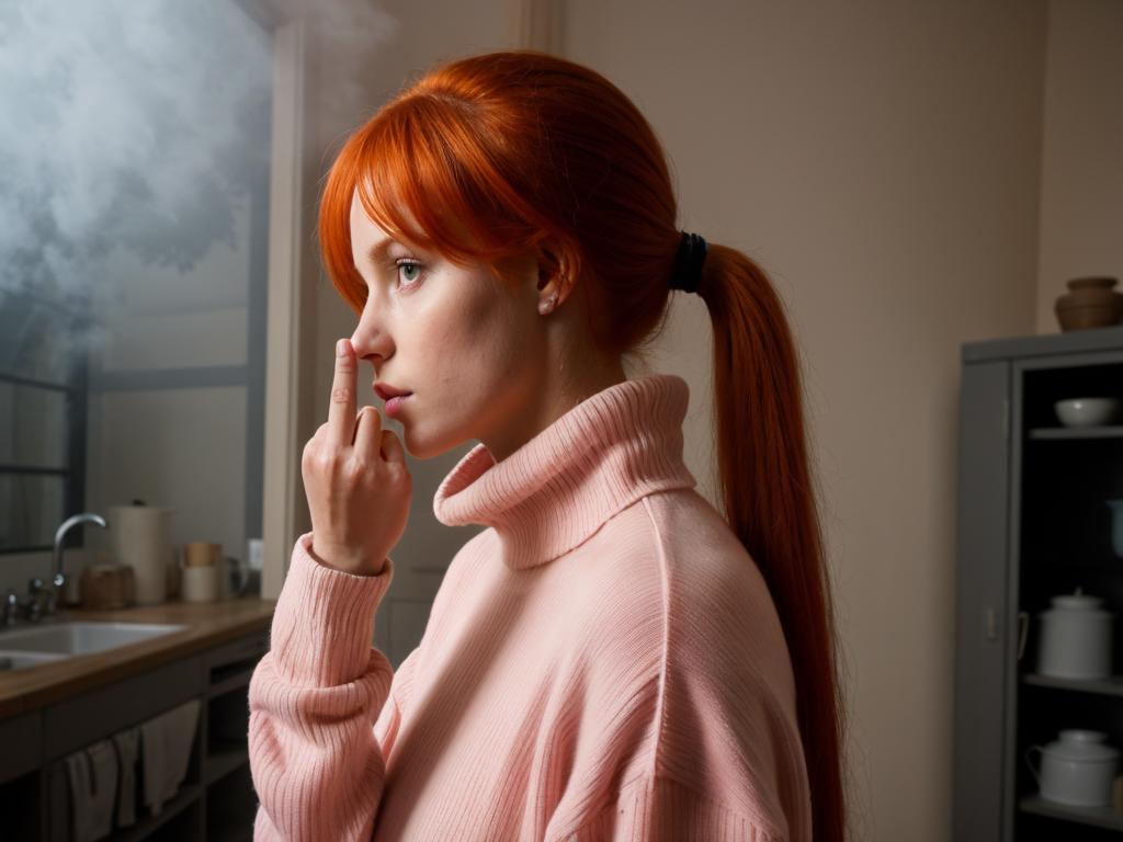 There is a woman with red hair smoking a cigarette in a kitchen - SeaArt AI