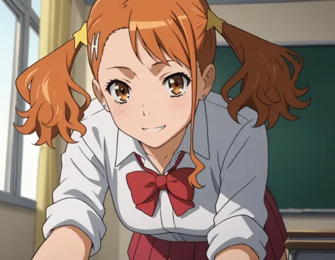 anime girl in a school uniform leaning over a desk with a blackboard