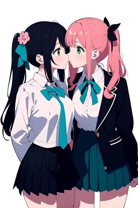 (2girls:1.2), (masterpice:1.2), highres, outdoors, (yuri:1.3), (kiss:1.2), cowboy shot, school, ADDCOMM
(1girl,  pink hair, medium hair,hair ornament, hair flower, green eyes,school uniform, black skirt, miniskirt, pleated skirt, black jacket, white shirt,collared shirt, long sleeves, neck ribbon,ribbon, thighs, large breasts) BREAK
(1girl, 
karane_wz,vblonde hair, twintails, long hair, hair ribborn, hair ornament, green eyes,v-shaped eyebrows, green ribbon, pleated skirt,miniskirt, black skirt, white shirt, collared shirt, long sleeves, wing collar, brown cardigan),  (2girls:1.2), (masterpiece:1.3), (high resolution), (8K), (extremely detailed), (4k), (pixiv), perfect face, nice eyes and face, (best quality), (super detailed), detailed face and eyes, textured skin, absurdres, highres