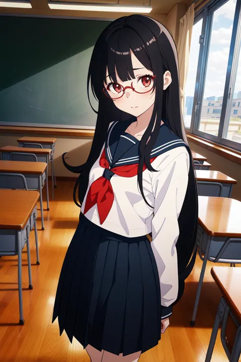 masterpiece, best quality, highres, 1girl, petite, black hair, long hair, glasses, serafuku, school uniform, neckerchief, very long skirt, embarassed, standing, classroom, desks, chairs