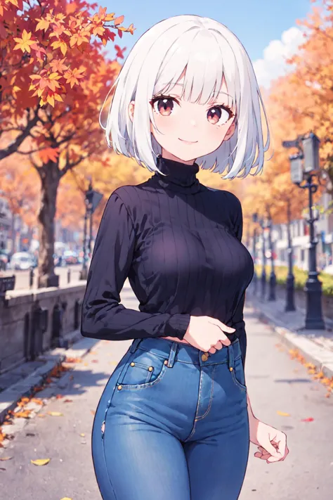 anime girl in black shirt and jeans posing on a sidewalk