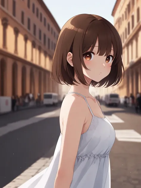 anime girl in a white dress standing in a street