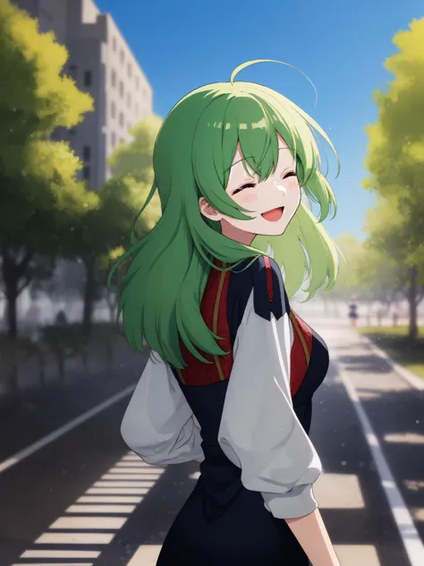 best quality, amazing intricate, cute girl, round eyes, medium breast, 
closed eyes and smile, :d, light green hair, running, in a park, 
(looking away:1.2), 
long hair, mullet, 
, 
, 
, 
(messy hair:1.2), 
, 
, 
(fantasy folk costume:1.6), 
turned away but looking back over her shoulder, 
upper body, 
winter