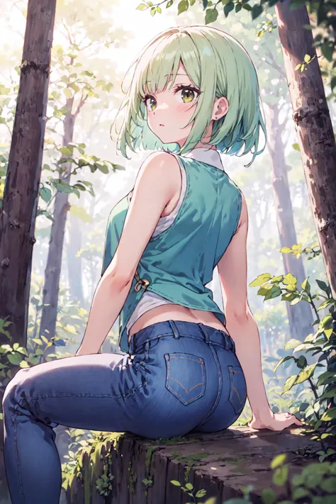 best quality, amazing intricate, cute girl, round eyes, medium breast, 
Expressionless, light green hair, crossed legs, in a forest clearing, 
(looking away:1.2), 
medium hair, bob cut, 
, 
, 
(hair flip:1.2), 
, 
, 
, 
turned away but looking back over her shoulder, 
cowboy shot, 
, 
sepia vest, marbling pants rolled up