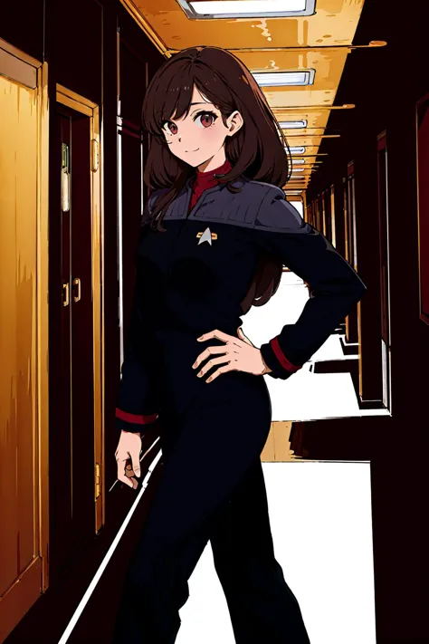 (ds9st command:1.3),black sleeves,black pants<lora:Ds9Divi:0.8>, Masterpiece, Best Quality, ultra detailed, illustration, solo, A young starfleet officer is walking in the academy corridor,she is smiling and gleaming,long brown hair.